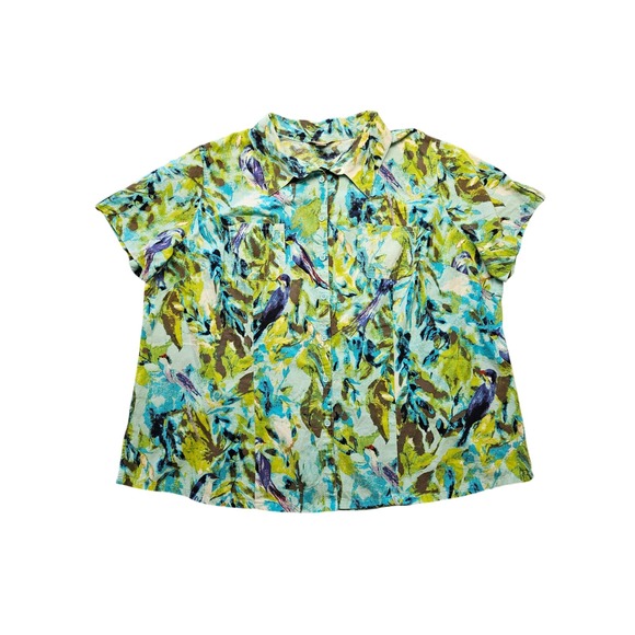 White Stag Tops - White Stag Womens 3X Tropical Bird Print Cotton Button Front Blouse Teal Green